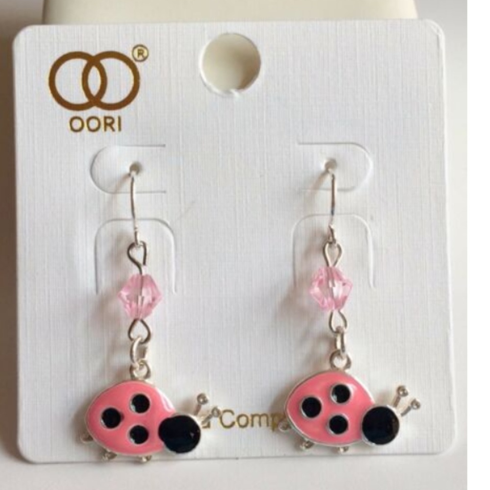 Ladybug Earrings Pink Black Enamel Insect Jewelry Silver Tone Dangle Charm Cute